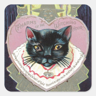 Halloween schwarze Katzenhexe Charme-Zauber Vintag Quadratischer Aufkleber