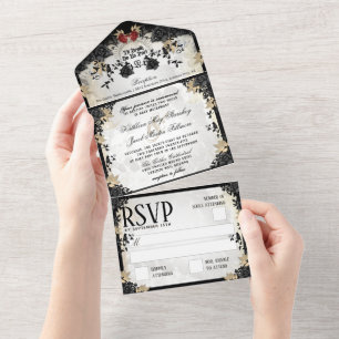 Halloween Schwarze Rose Hochzeitsskelette All In One Einladung