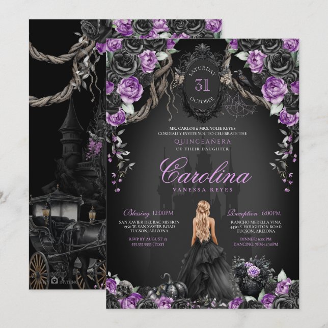 Halloween Schwarze Rose Lila Prinzessin Quinceañer Einladung (Vorne/Hinten)