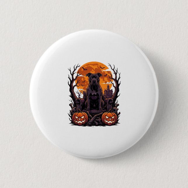 Halloween Schwarzer Pitbull Thron Kürbisse Vollmon Button (Vorderseite)