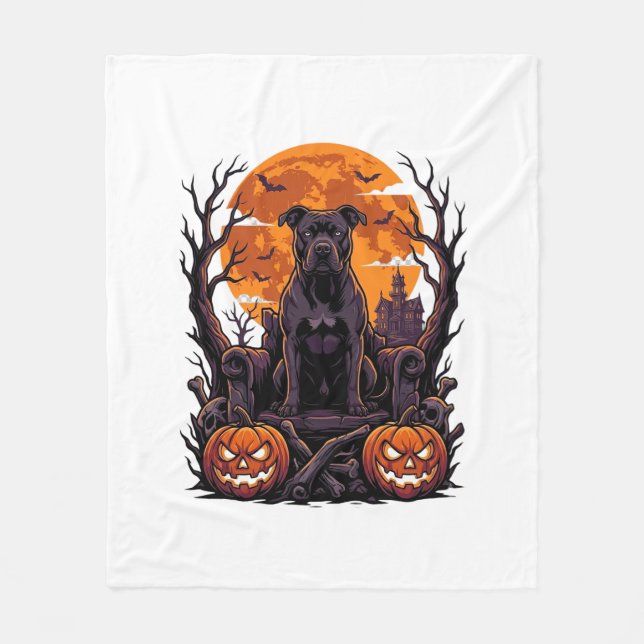 Halloween Schwarzer Pitbull Thron Kürbisse Vollmon Fleecedecke (Vorderseite)