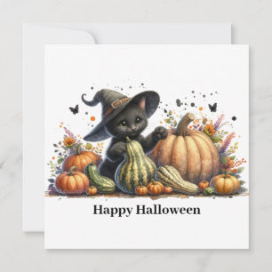 Halloween schwarzes Hexen-Kätzchen mit Kürbissen u Feiertagskarte