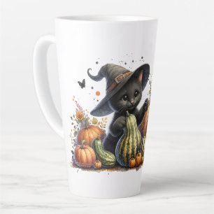Halloween schwarzes Hexen-Kätzchen mit Kürbissen u Milchtasse