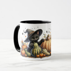 Halloween schwarzes Hexen-Kätzchen mit Kürbissen u Tasse
