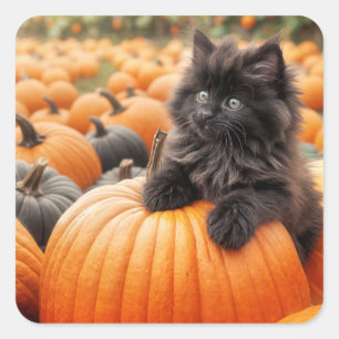 Halloween schwarzes Kätzchen auf einem Kürbis Quadratischer Aufkleber