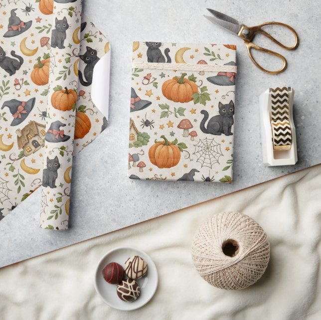 Halloween schwarzes Kätzchen Cottage Geschenkpapier (Kunsthandwerk)