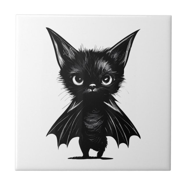 Halloween Schwarzes Kätzchen in Bat-Kostüm Fliese (Vorderseite)