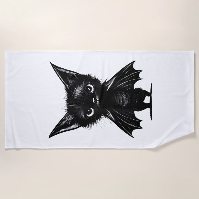 Halloween Schwarzes Kätzchen in Bat-Kostüm Strandtuch (Vorderseite)