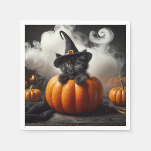 Halloween schwarzes Kätzchen in Kürbis Serviette