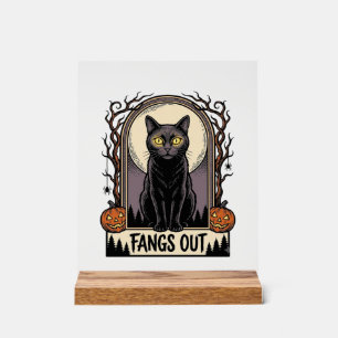 Halloween-Schwarzes-Katzen-Shirt Vintage-Fänge-Des Acrylschild