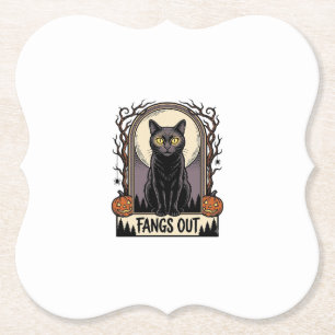 Halloween-Schwarzes-Katzen-Shirt-Vintage-Fangzähne Untersetzer
