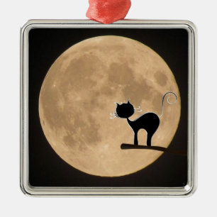 Halloween-Schwarzkatze mit Vollmond Silbernes Ornament
