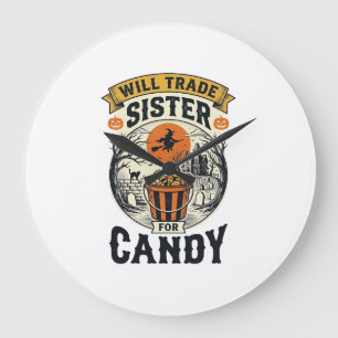 Halloween Schwester wird für Süßigkeiten Vintage_1 Große Wanduhr