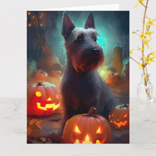 Halloween Scottish Terrier mit Pumpkins Beängstige Karte (Gelbe Blume)