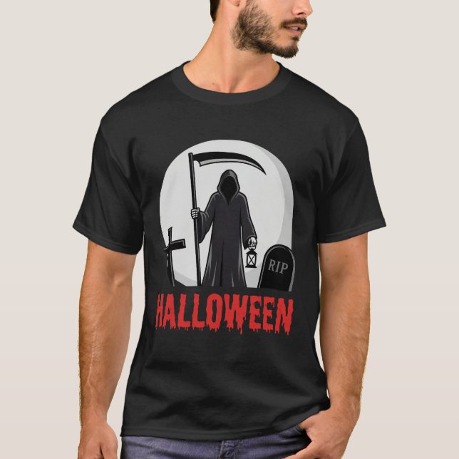 Halloween-Sensenmann-Friedhofsdesign T-Shirt (Vorderseite)