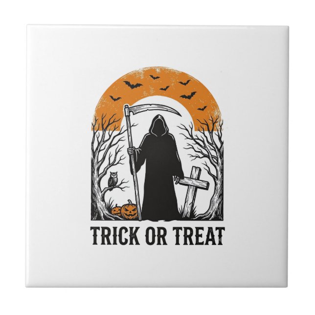 Halloween Sensenmann Streich oder Saß Süßigkeiten  Fliese (Vorderseite)