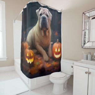 Halloween Shar Pei mit Kürbissen Gruselig Duschvorhang