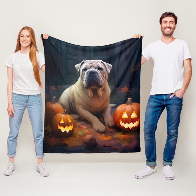 Halloween Shar Pei mit Pumpkins Beängstigend Fleecedecke (Beispiel)