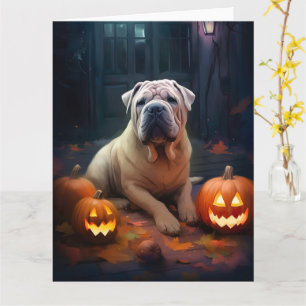 Halloween Shar Pei mit Pumpkins Beängstigend Karte