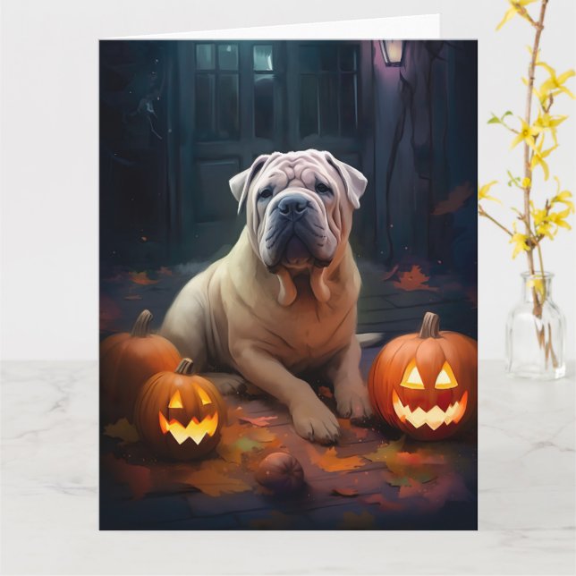 Halloween Shar Pei mit Pumpkins Beängstigend Karte (Gelbe Blume)