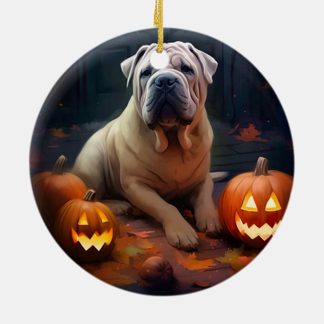 Halloween Shar Pei mit Pumpkins Beängstigend Keramik Ornament (Hinten)