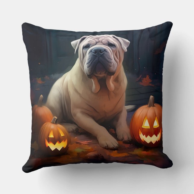 Halloween Shar Pei mit Pumpkins Beängstigend Kissen (Rückseite)