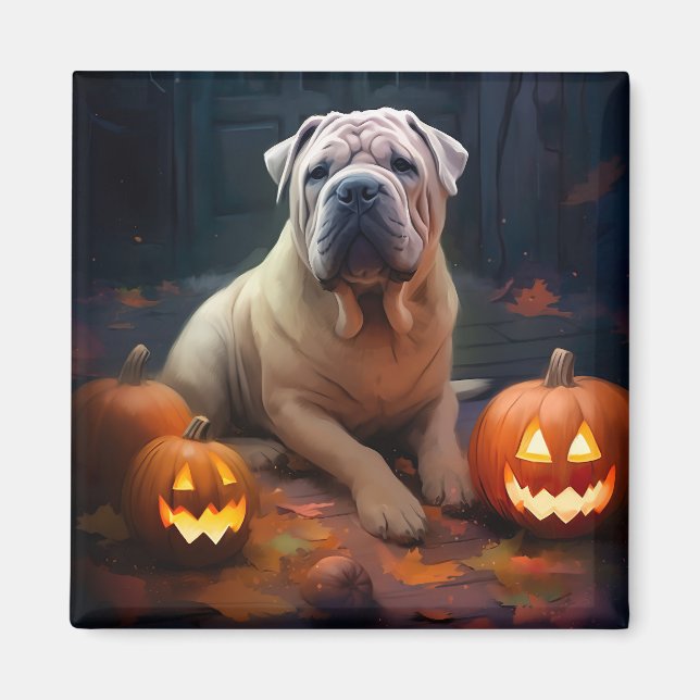 Halloween Shar Pei mit Pumpkins Beängstigend Magnet (Vorne)