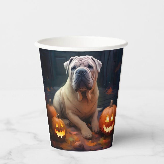 Halloween Shar Pei mit Pumpkins Beängstigend Pappbecher (Vorderseite)