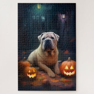 Halloween Shar Pei mit Pumpkins Beängstigend Puzzle