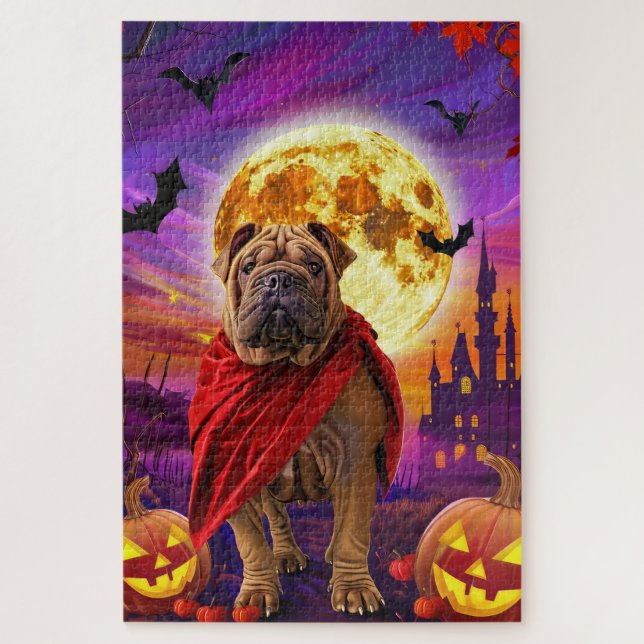 Halloween Shar Pei Vampire Pumpkins Beängstigend Puzzle (Vertikal)