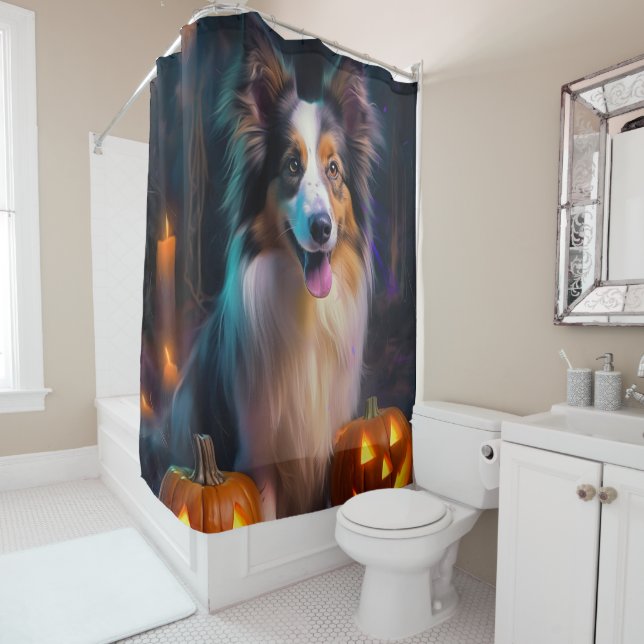 Halloween Shetland Sheepdog mit Pumpkins Beängstig Duschvorhang (Beispiel)