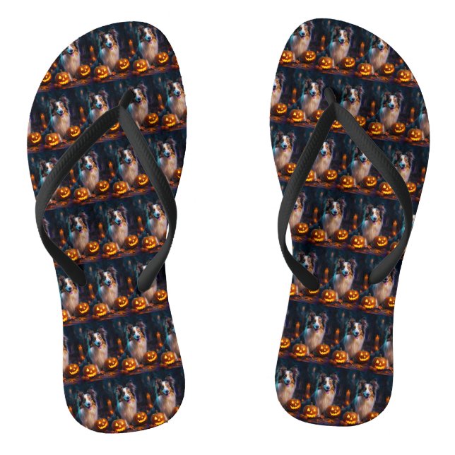 Halloween Shetland Sheepdog mit Pumpkins Beängstig Flip Flops (Fußbett)