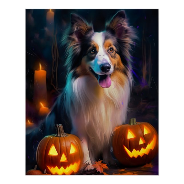 Halloween Shetland Sheepdog mit Pumpkins Beängstig Poster (Vorderseite)