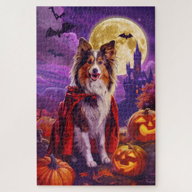 Halloween Shetland Sheepdog Vampire Pumpkins Beäng Puzzle (Vertikal)