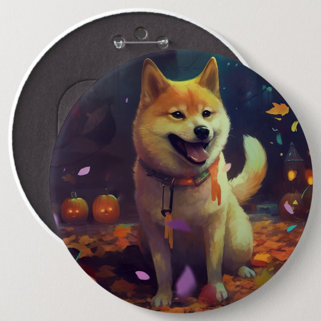 Halloween Shiba Inu mit Pumpkins Beängstigend Button (Vorne & Hinten)