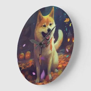 Halloween Shiba Inu mit Pumpkins Beängstigend Große Wanduhr