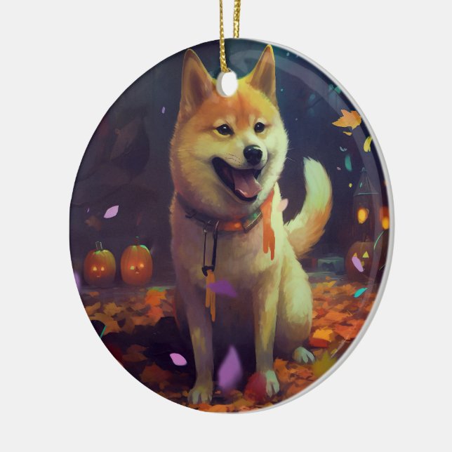 Halloween Shiba Inu mit Pumpkins Beängstigend Keramik Ornament (Links)