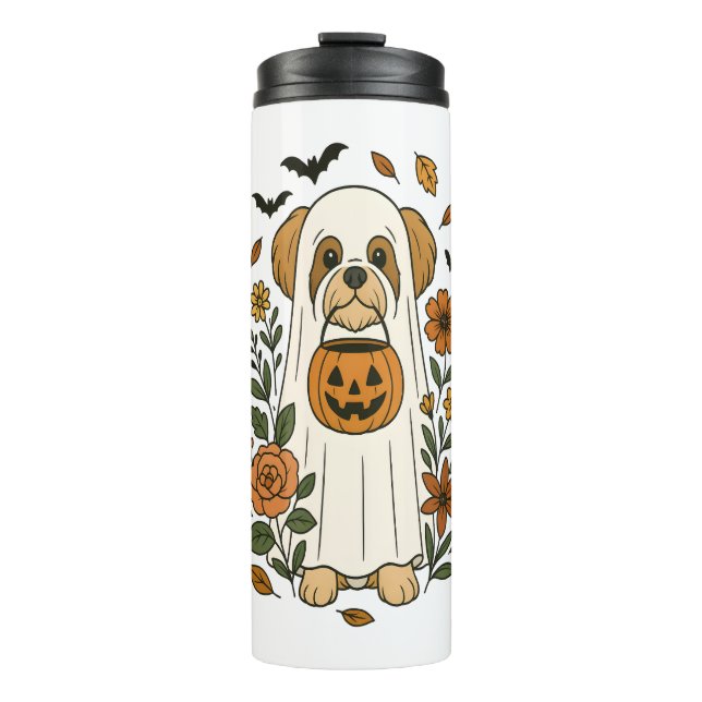 Halloween Shih Tzu mit Herbst-Blume Thermosbecher (Vorderseite)