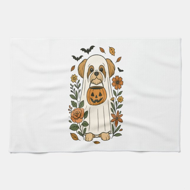 Halloween Shih Tzu mit Herbstblumen Geschirrtuch (Horizontal)