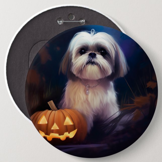 Halloween Shih Tzu mit Pumpkins Beängstigend Button (Vorne & Hinten)