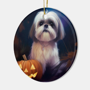Halloween Shih Tzu mit Pumpkins Beängstigend Keramik Ornament