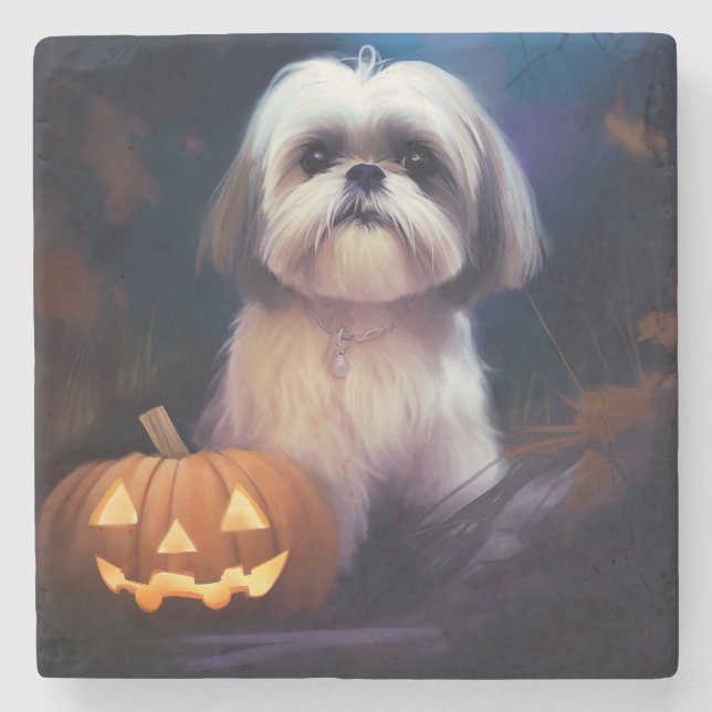 Halloween Shih Tzu mit Pumpkins Beängstigend Steinuntersetzer (Vorderseite)