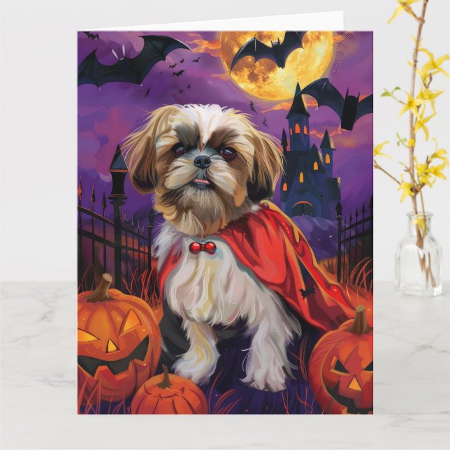 Halloween Shih Tzu Vampire Pumpkins Beängstigend Karte (Gelbe Blume)