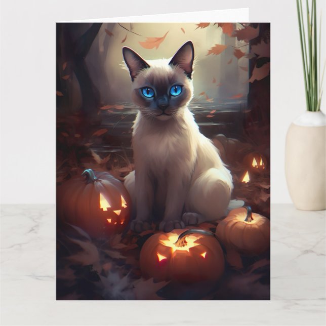 Halloween Siamkatze mit Pumpkins Beängstigend Karte (Vorderseite)