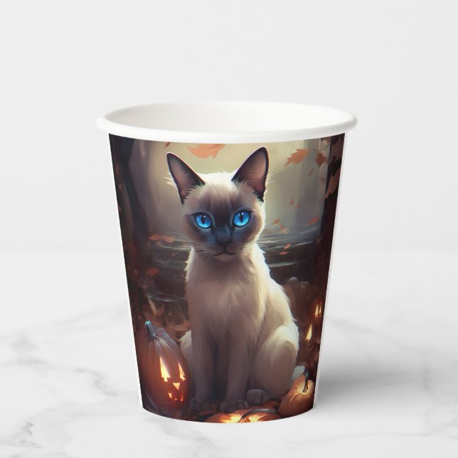 Halloween Siamkatze mit Pumpkins Beängstigend Pappbecher (Vorderseite)