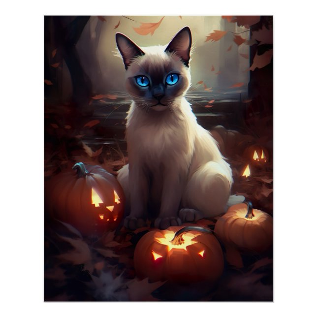 Halloween Siamkatze mit Pumpkins Beängstigend Poster (Vorderseite)