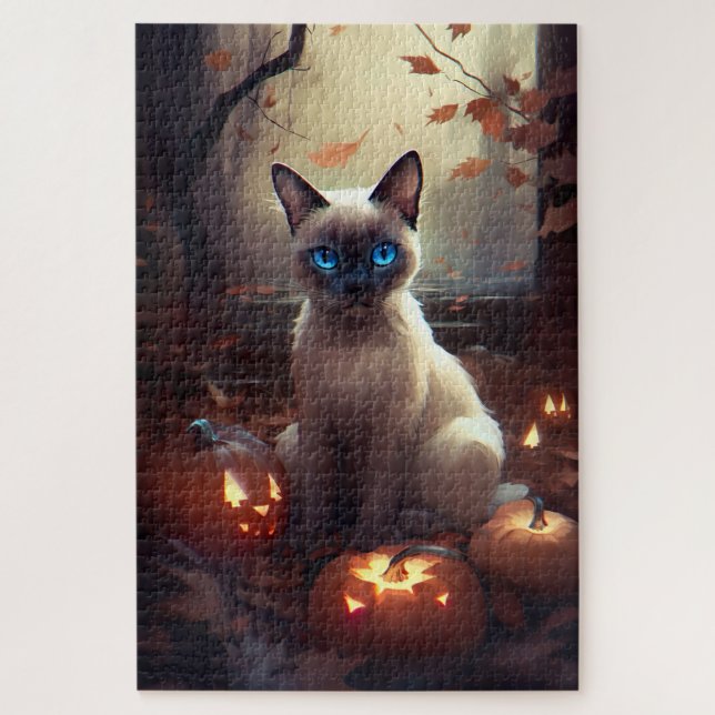 Halloween Siamkatze mit Pumpkins Beängstigend Puzzle (Vertikal)