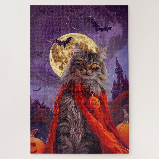 Halloween Siberian Cat Vampire Pumpkins Beängstige Puzzle (Vertikal)