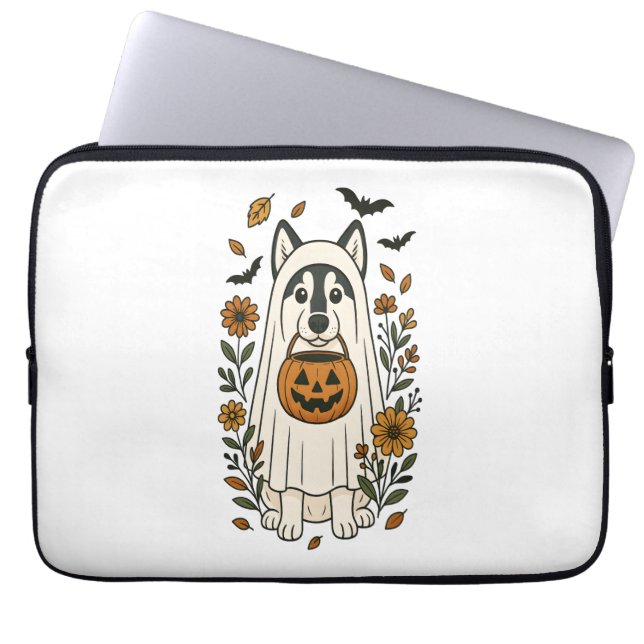 Halloween Siberian Husky Blumen Laptopschutzhülle (Vorderseite)