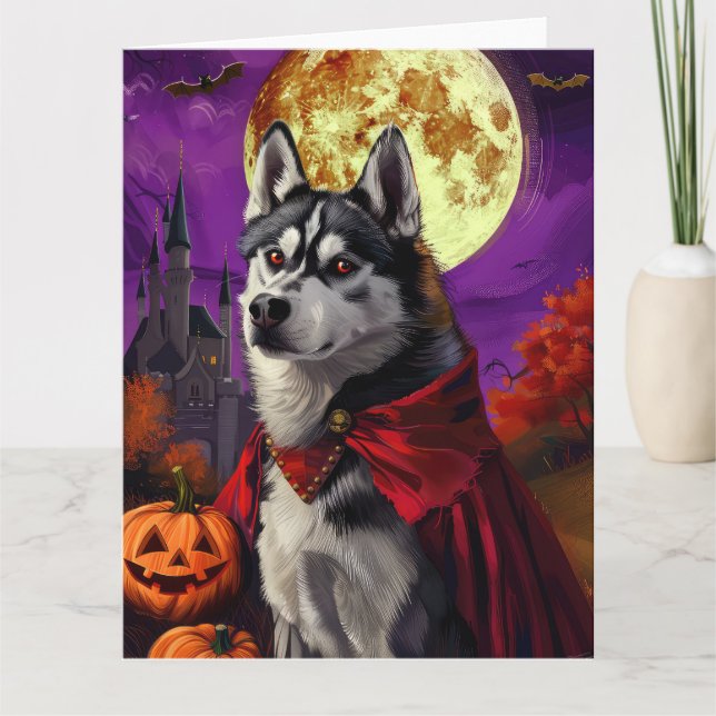 Halloween Sibirien Husky Vampire Pumpkins Beängsti Karte (Vorderseite)